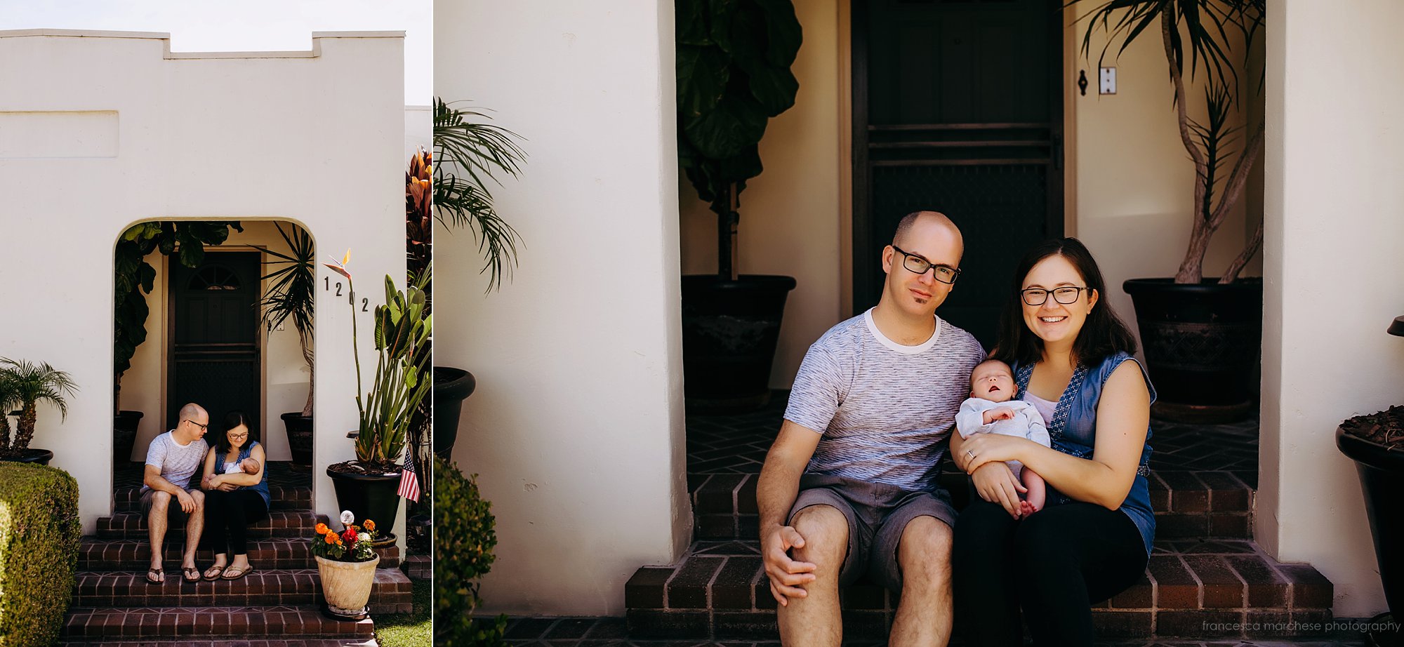 Francesca Marchese Photography lifestyle newborn photography session first time parents with newborn on front porch