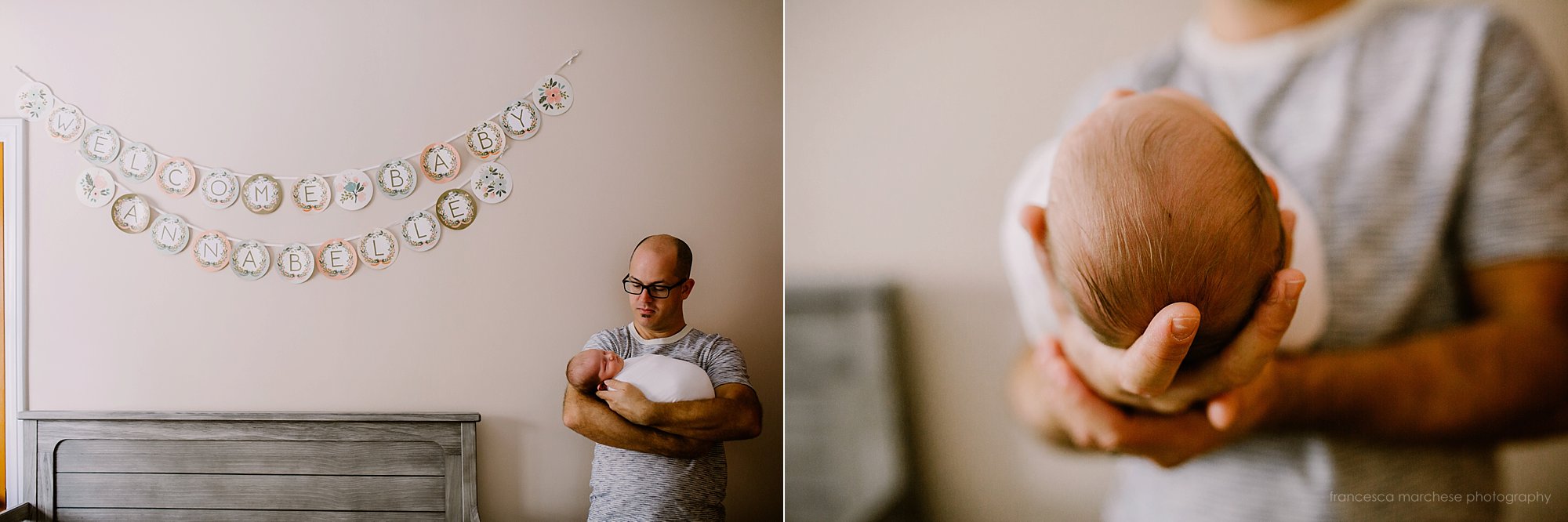 Francesca Marchese Photography lifestyle newborn photography session new father holding baby daughter in nursery