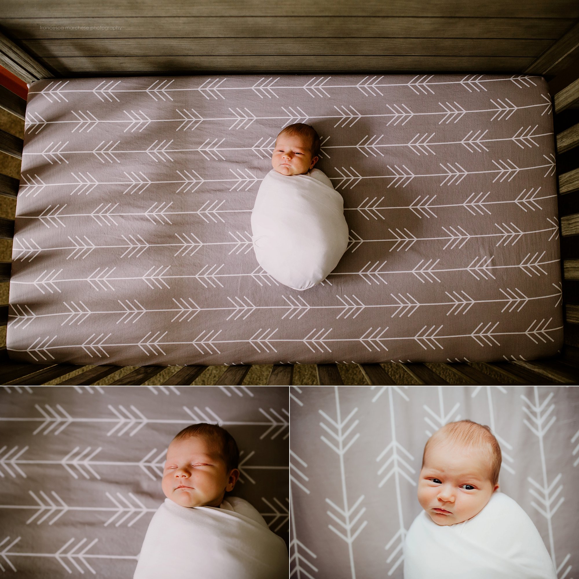 Francesca Marchese Photography lifestyle newborn photography session newborn in crib on gray arrow sheets