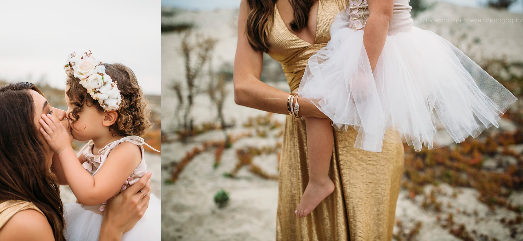 Francesca Marchese Photography - Family Photographer Starkman Family sunset beach session - gold sequins gown, floral crown