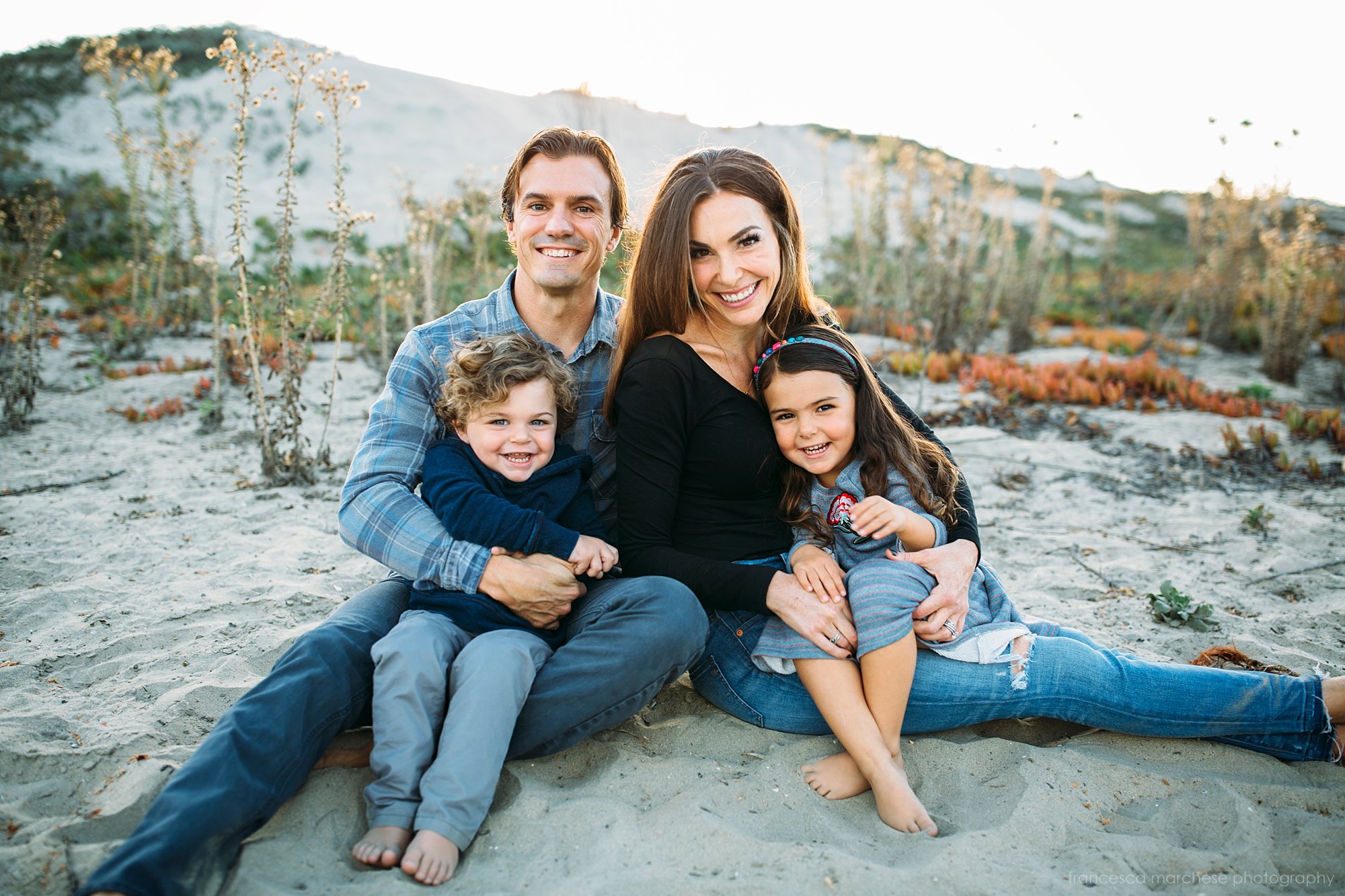 family of four beach family session - Francesca Marchese Photography Orange County beach family golden hour session