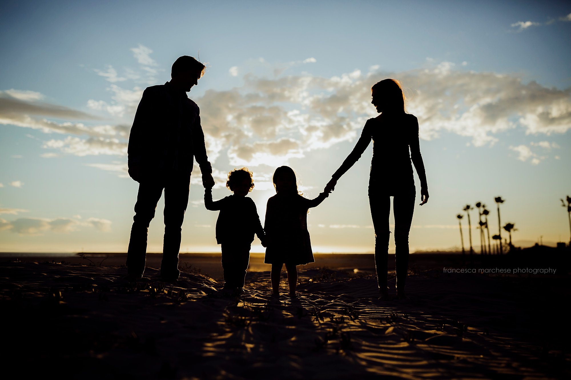 family of 4 silhouette - Francesca Marchese Photography Orange County beach family golden hour session